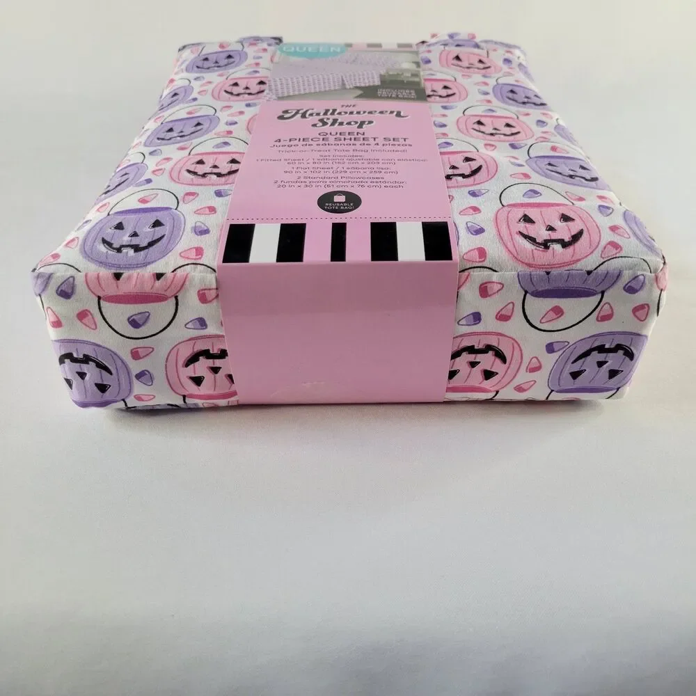 Halloween Pink Purple White QUEEN 4pc Sheets Set Trick Treat Buckets Candy Corn